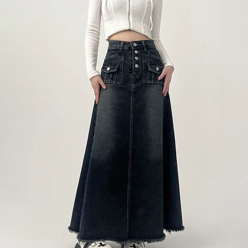 Vintage Denim Long Skirt for Women 2023 Spring Summer High Waist Button Raw Edge A-Line Skirt Female Harajuku Street Jean Skirts