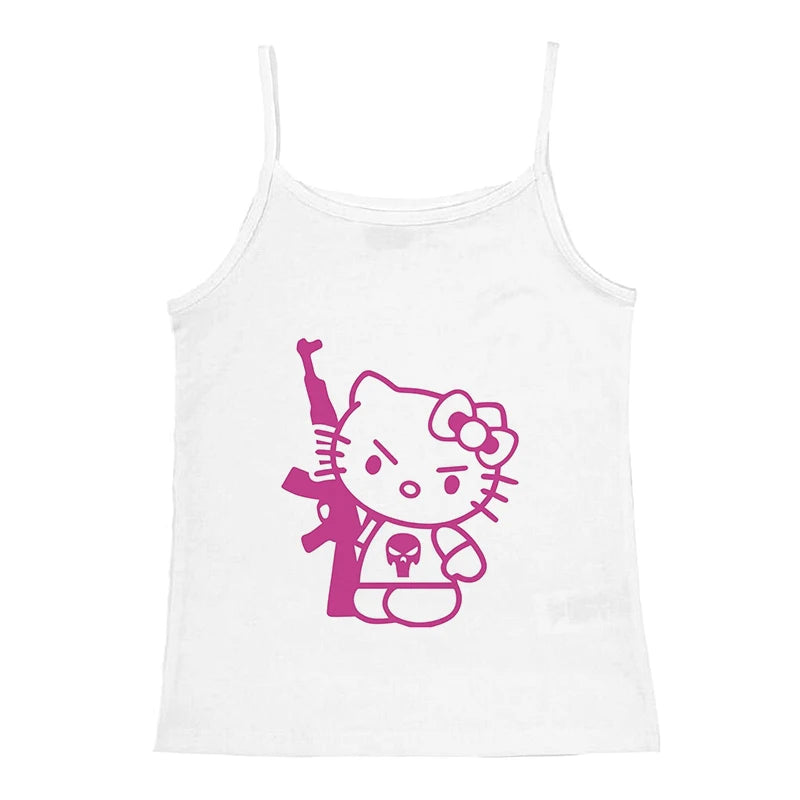 2000s Tops Emo Girls Camisole Tops Hello Kitty Print Grunge Crop Tops Y2k Clothes Vintage Punk Women's Corset Tank Top Baby Tees