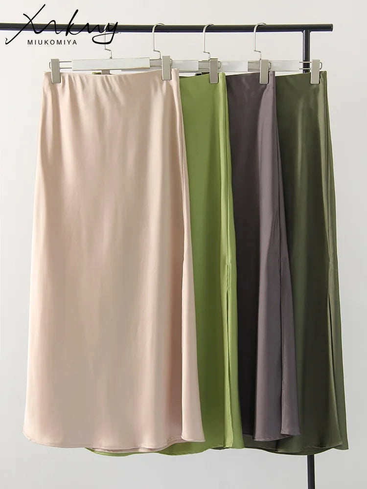 Long Satin Skirts For Women Summer High Quality Skirt With Slit On The Side Silk Elegant Black Maxi Luxury Women's Skirts 2025