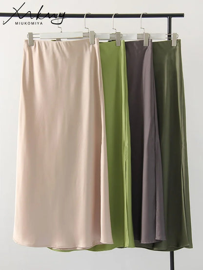 Long Satin Skirts For Women Summer High Quality Skirt With Slit On The Side Silk Elegant Black Maxi Luxury Women's Skirts 2025
