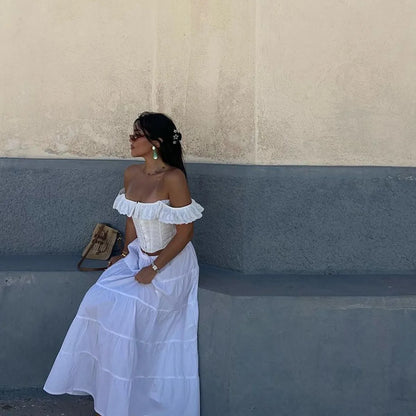 Women Fashion White Jacquard Ruffles Off Shoulder Slim Tank Crop Tops Slash Neck Lace Up Backless Single Breasted Corset Tees