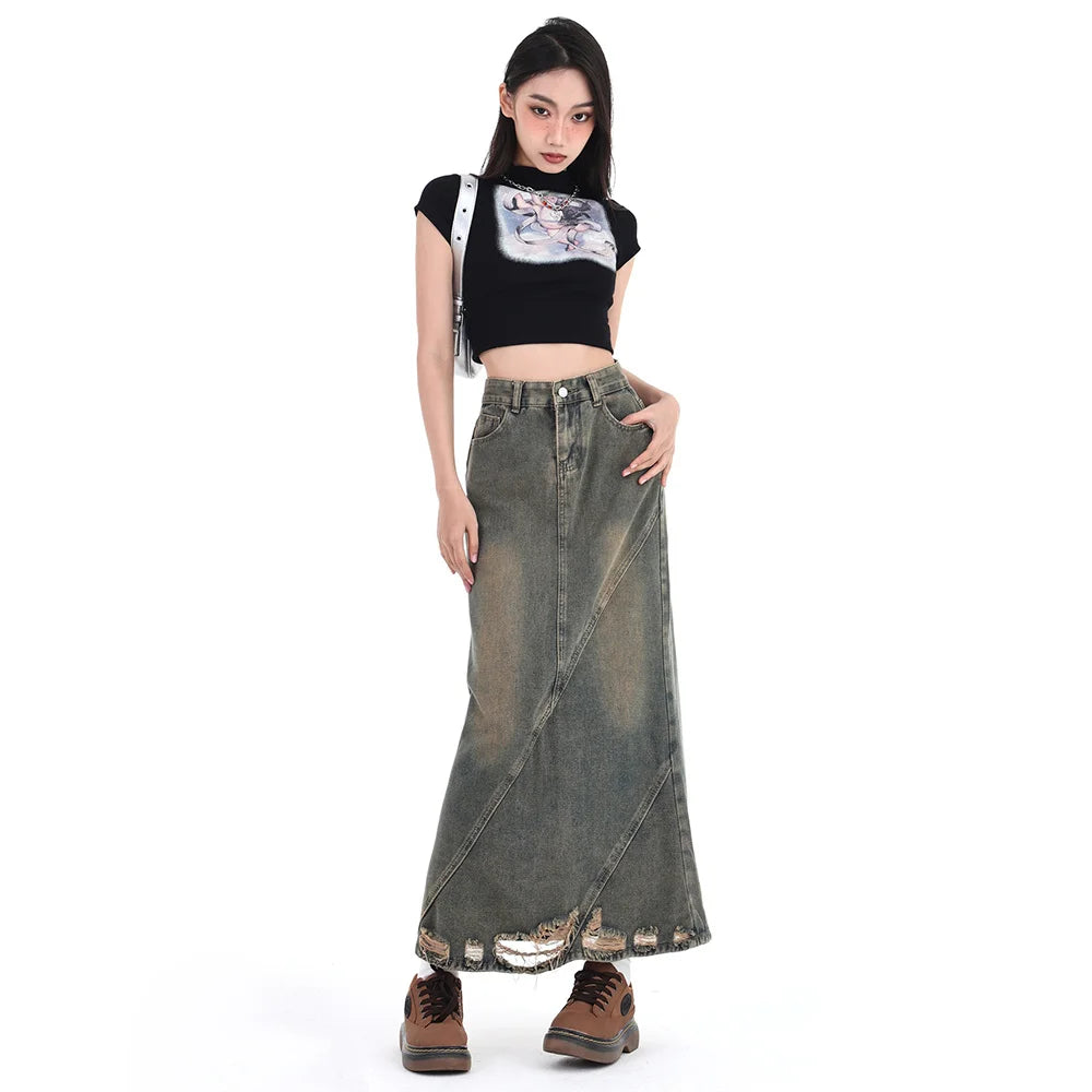Women Denim Skirt Y2k Emo 2000s Clothes Long Skirt Harajuku Korean 90s Fashion Vintage Gradient A-line Jean Skirt Grunge Clothes