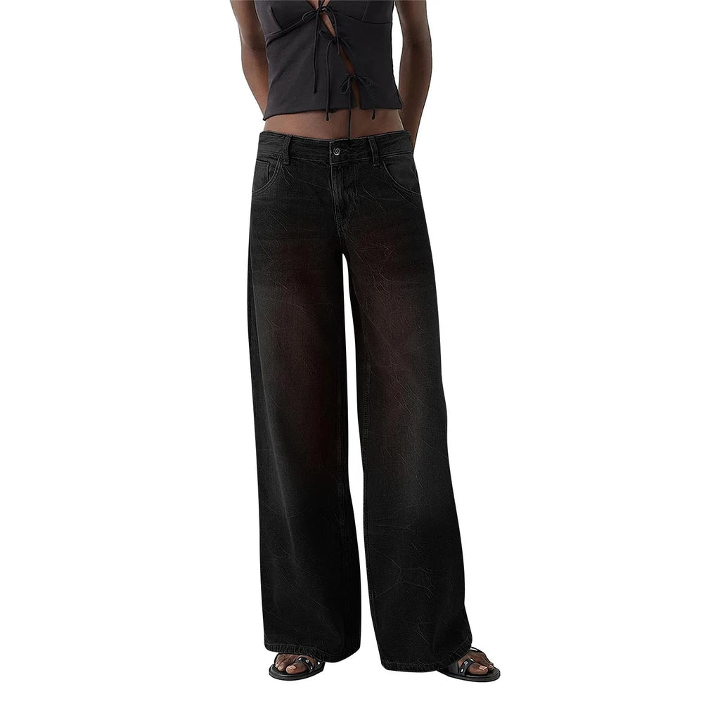 Women Fashion Denim Jeans Retro Ladies Loose Straight Pants Mid Waist Button Pocket Trousers Casual De Mujer Pantalon Femme