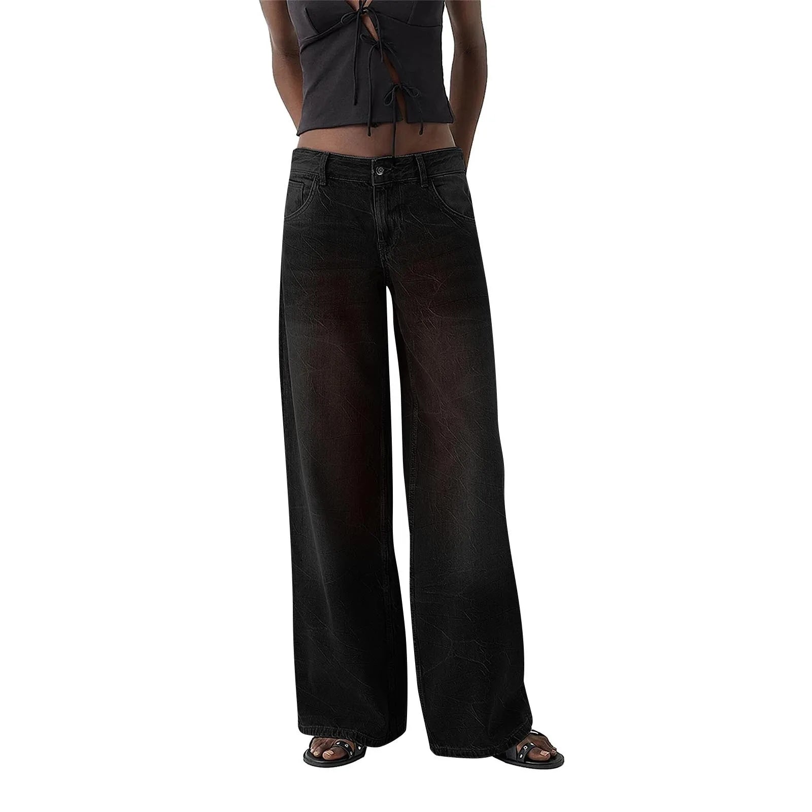 Women Fashion Denim Jeans Retro Ladies Loose Straight Pants Mid Waist Button Pocket Trousers Casual De Mujer Pantalon Femme