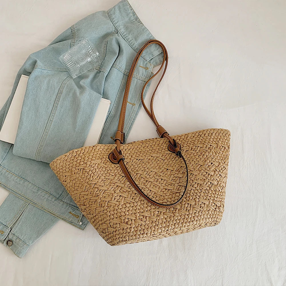 Women Woven Tote Bag Simple Woven Handbag Large Capacity Stylish Weaving Bag Tote Clutch Bags Chic Hobo Bag for Party Vacation