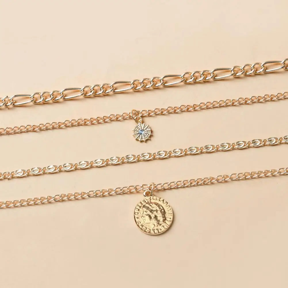 Women Necklace Multi-layered Coin Pendant Punk Style Necklace Hollow Chain Adjustable Length Hip Hop Club Party Neck Jewelry