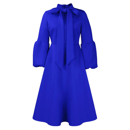 Elegant Dresses for Women Bow Collar Full Sleeve High Waisted A Line Mid Calf Luxury Female Birthday Party Dinner Vestidos Mujer