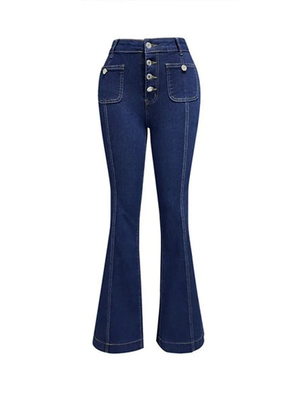 Elegant Single Breasted Women's Denim Flare Pants Retro High Waist High Package Slim Commute Jeans 2025 New Chic Ladies Trousers