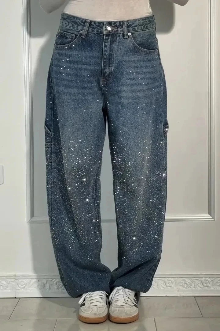 New Women Casual Hot Drilling Jeans Autumn Winter Cowboy Trousers High Waist Button Pockets Fashion Female Loose Straight Pants