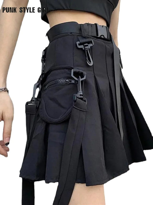 JK Skirt Japanese Style Black Cargo Pleated Skirt Harajuku Alt Tooling Short Skater Women Techwear Gothic Pockets Uniform Skirts