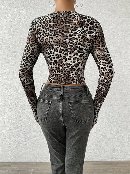 Spring and Summer Women's V Neck Long-Sleeved Leopard Print Tops Are Suitable for Spring and Summer, Comfortable and Versatile