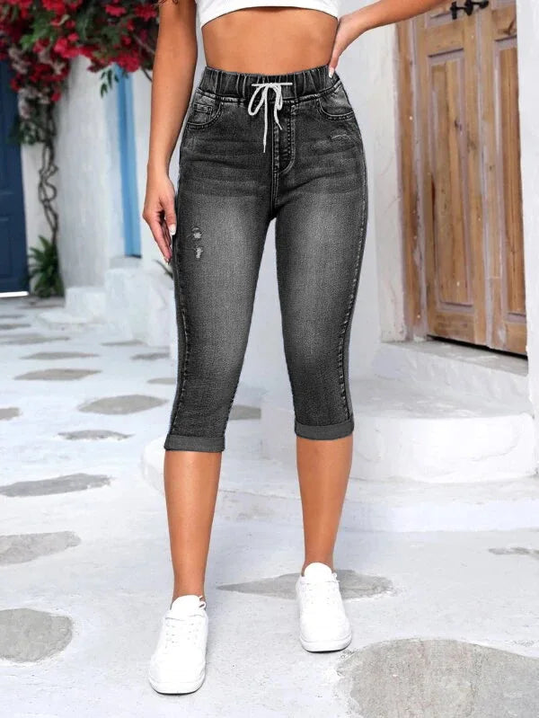 Cross-border New Foreign Trade Women Jeans Elastic Waist Drawstring High Waist Ripped Jeans High Elastic Denim Hot Pants