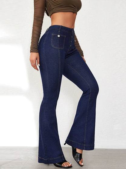 Elegant Single Breasted Women's Denim Flare Pants Retro High Waist High Package Slim Commute Jeans 2025 New Chic Ladies Trousers