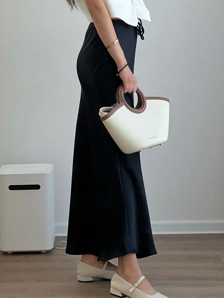 Long Black Satin Skirts Women For Work Summer Autumn Straight Brown Skirt Long Belt Coffee Formal Silk Maxi Skirt For Ladies