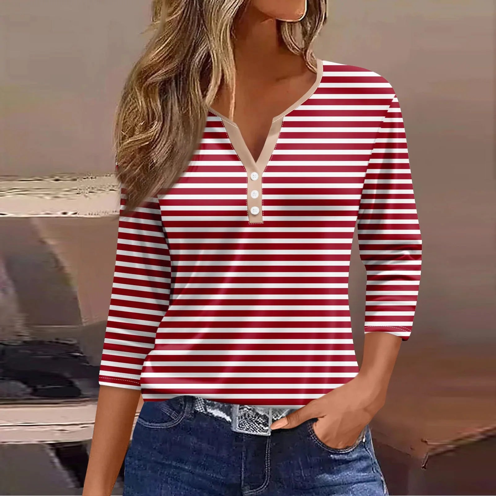 Tops For Women Women'S T Shirt Tee Print Button 3/4 Sleeve Daily Weekend Fashion Basic V Neck Regular Top Ropa De Mujer New