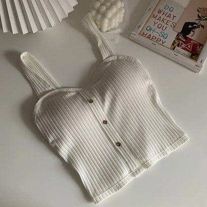 Women's Ribbed Tank Tops Y2K Cropped Tops with Bra Pads Knitted Button Down Suspenders Vest Sexy Camisole Female Short Tops