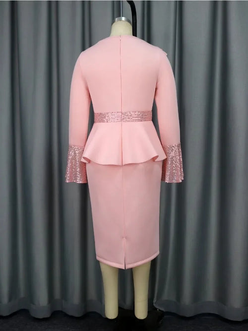 Church Dresses for Women Elegant Ruffles Long Flare Sleeves Sequined Party Bodycon Peplum Classy Occasion African Wedding Guest