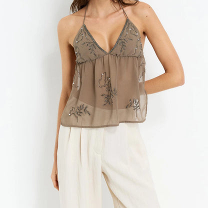 Women Halter Top Tie-Up Sleeveless Tops Shiny Beaded Summer Vest For Beach Vacation Summer Party Daily Wear Streetwear