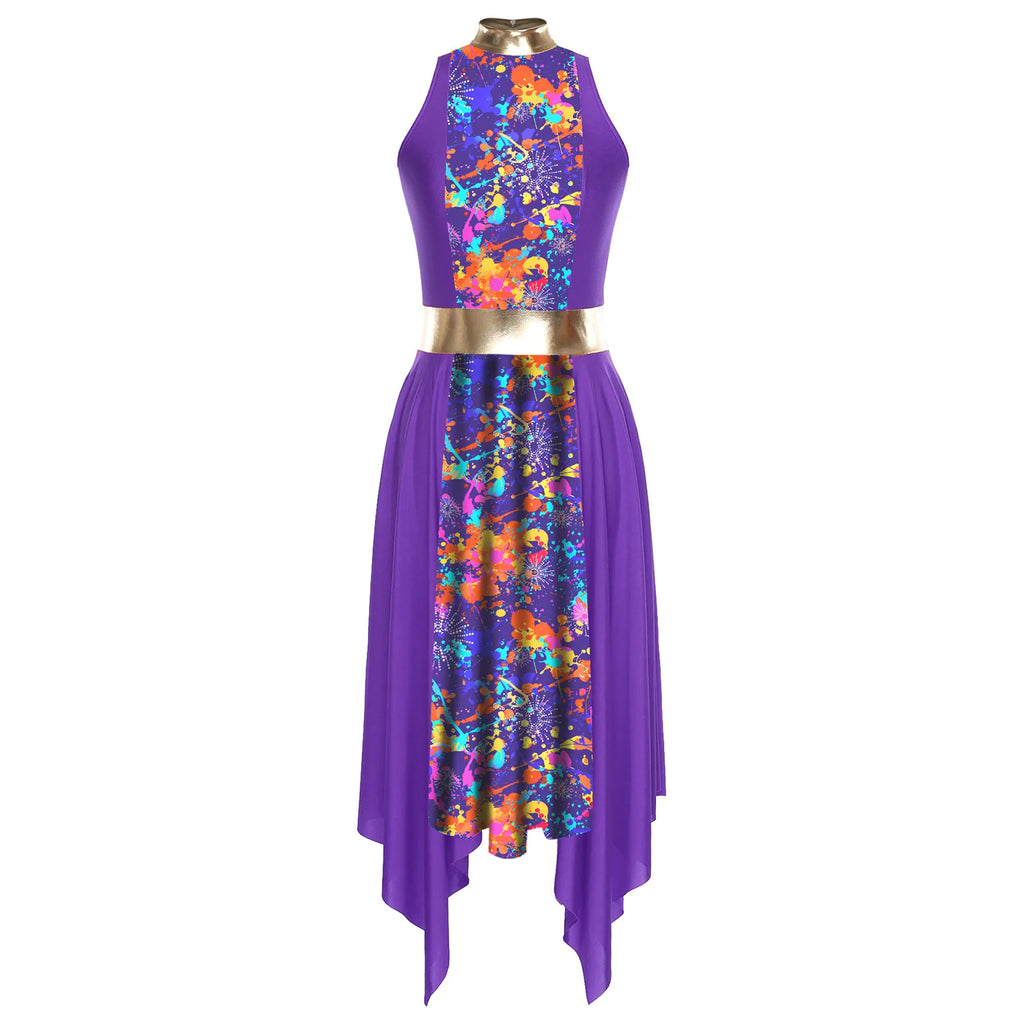 Women Modern Lyrical Dance Dress Church Choir Worship Praise Liturgical Costume Sleeveless Print Irregular Hem Gown Dancewear