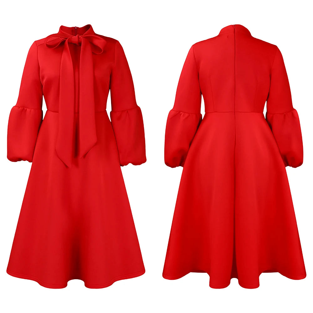Elegant Dresses for Women Bow Collar Full Sleeve High Waisted A Line Mid Calf Luxury Female Birthday Party Dinner Vestidos Mujer