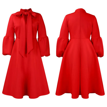 Elegant Dresses for Women Bow Collar Full Sleeve High Waisted A Line Mid Calf Luxury Female Birthday Party Dinner Vestidos Mujer
