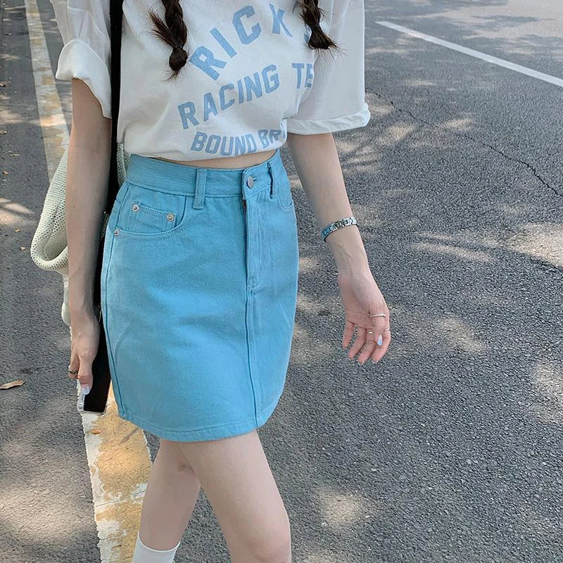 JMPRS Sweet Pink Women Denim Skirts High Waist Student A Line Korean Solid Mini Skirt Causal Summer Vintage Ladies Jeans Skirt