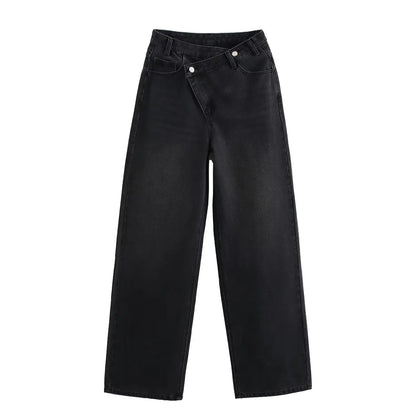 Women's new chic fashion asymmetrical waist design loose high waist wide leg jeans retro side pocket zipper women's denim pants
