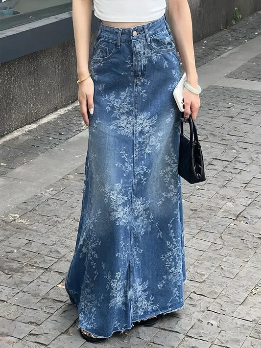 Women Vintage Pattern Printing Denim Skirt Female Long Skirt 90s Fashion Vintage Gradient A-line Jean Skirt Summer Clothes