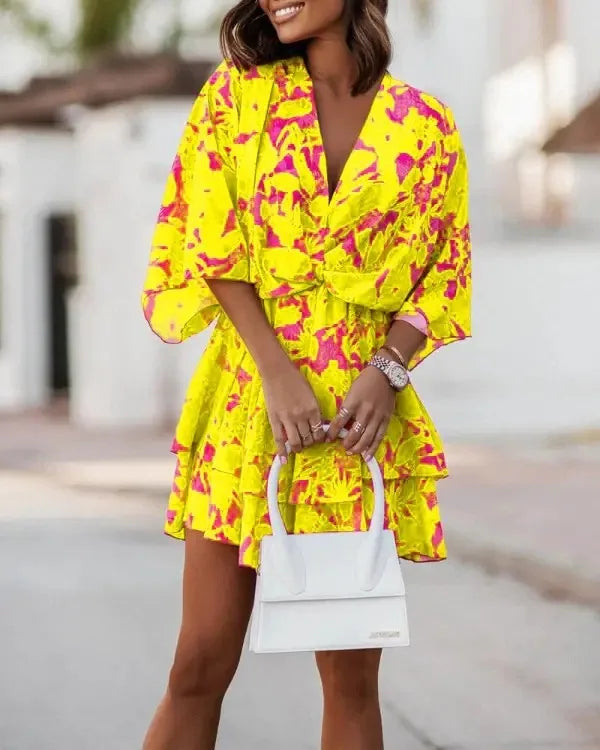 Women Dresses Fashion Vacation Sundress Women's Bat Sleeve Ruffles Dresses Summer Irregular Mini Dress