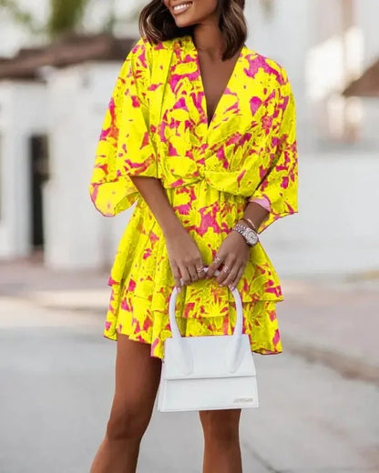 Women Dresses Fashion Vacation Sundress Women's Bat Sleeve Ruffles Dresses Summer Irregular Mini Dress