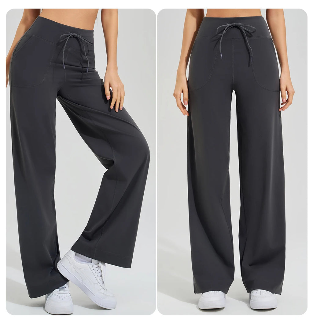 Women's High Waist Yoga Pants Gym Loose Running Yoga Pants Double Side Brushed with Pockets Pants Ties