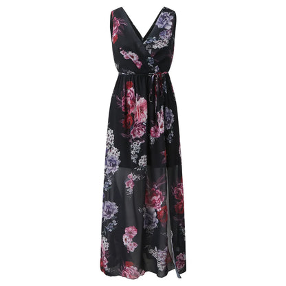 Dresses For Women Evening Dress Printed V Neck Sleeveless Dress Beach Vacation Chiffon Evening Party Long High Slit Dress