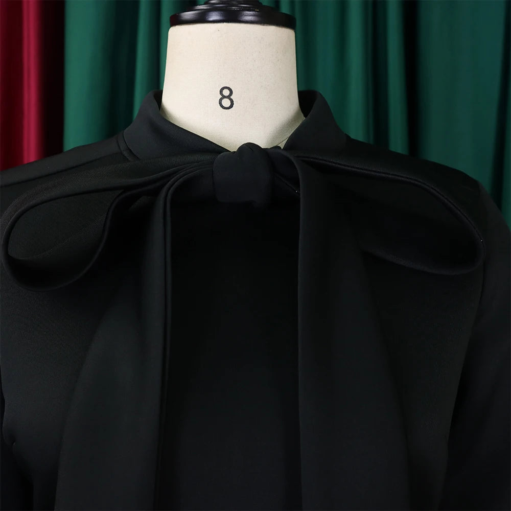 Elegant Dresses for Women Bow Collar Full Sleeve High Waisted A Line Mid Calf Luxury Female Birthday Party Dinner Vestidos Mujer