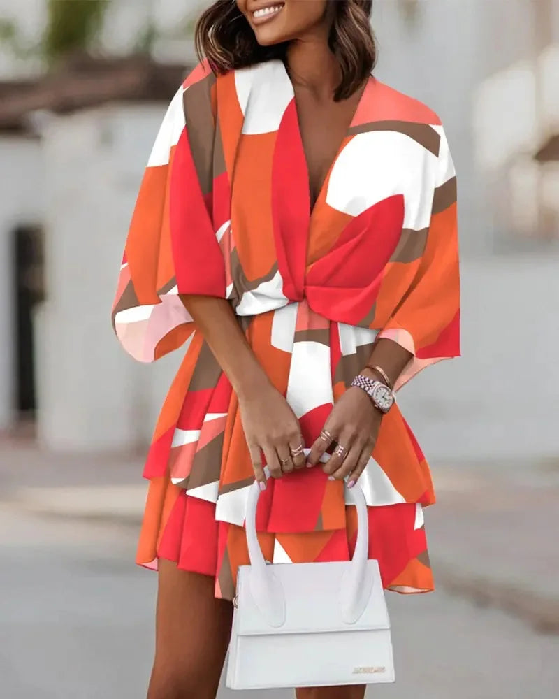 Women Dresses Fashion Vacation Sundress Women's Bat Sleeve Ruffles Dresses Summer Irregular Mini Dress