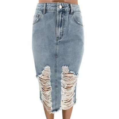 Hole Denim Midi Skirt Women 2024 Spring Summer High Waist Streetwear Sexy Buttocks One Step Skirts Bodycon Vintage Jean Skirts