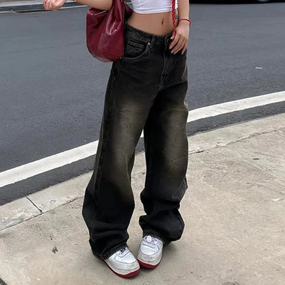 Low Waist Jeans for Women Goth Y2k Style Baggy Jeans Punk New Jeans Wide Leg Denim Pants Kpop Casual Loose Streetwear