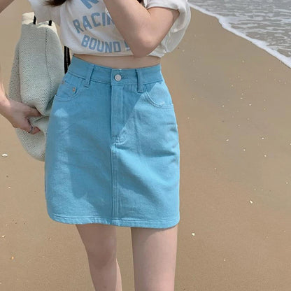JMPRS Sweet Pink Women Denim Skirts High Waist Student A Line Korean Solid Mini Skirt Causal Summer Vintage Ladies Jeans Skirt