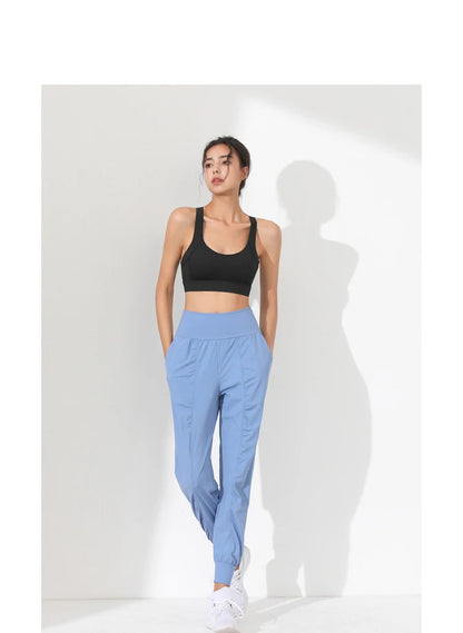 Woman Yoga Pants Hem Bound Running Fitness Loose Slim Quick-Dry Yoga Pants Pleated  Capris Pockets Jogging Pants Sports pants