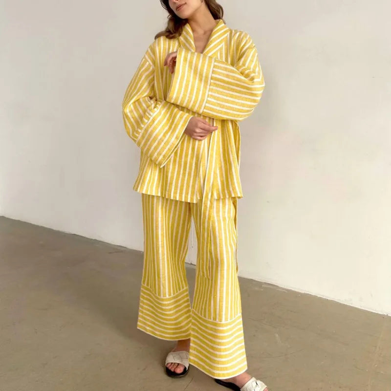 Women's Dress Sets Autumn New Striped Long-sleeved Loose Lace-up Top High-waisted Trousers Fashion Casual Suit for Women