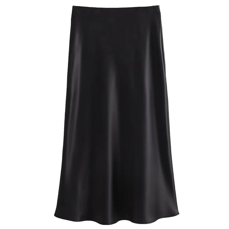 TRAF Women's Skirt Summer Elegant Satin Skirt Stylish Lady High Waist Skirts Cylinder Green Black Skirt Woman Office Street Wear