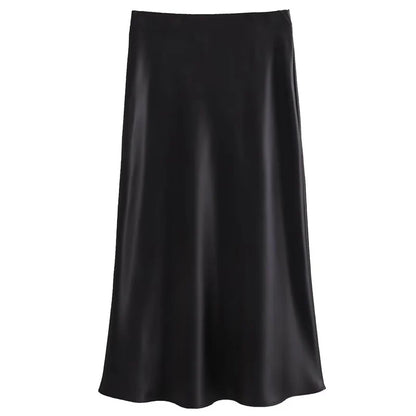 TRAF Women's Skirt Summer Elegant Satin Skirt Stylish Lady High Waist Skirts Cylinder Green Black Skirt Woman Office Street Wear