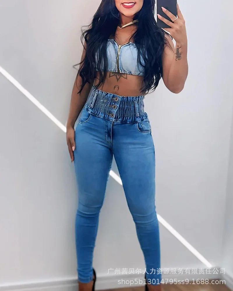 Stretchy Shirred High Waist Skinny Jeans Women Summer Sexy Slim Ankle Length Jeans Denim Pants