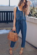 Women's Summer Jeans Jumpsuit V Neck Sleeveless Vest Waist Slim Fashion Drawstring Denim Long Jumpsuit Lady Vest