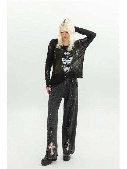 Women Clothing Black Gothic Jeans Pink Cross Y2k Oversize Loose Aesthetic Denim Trousers Harajuku Korean 2000s Jean Trashy Pants