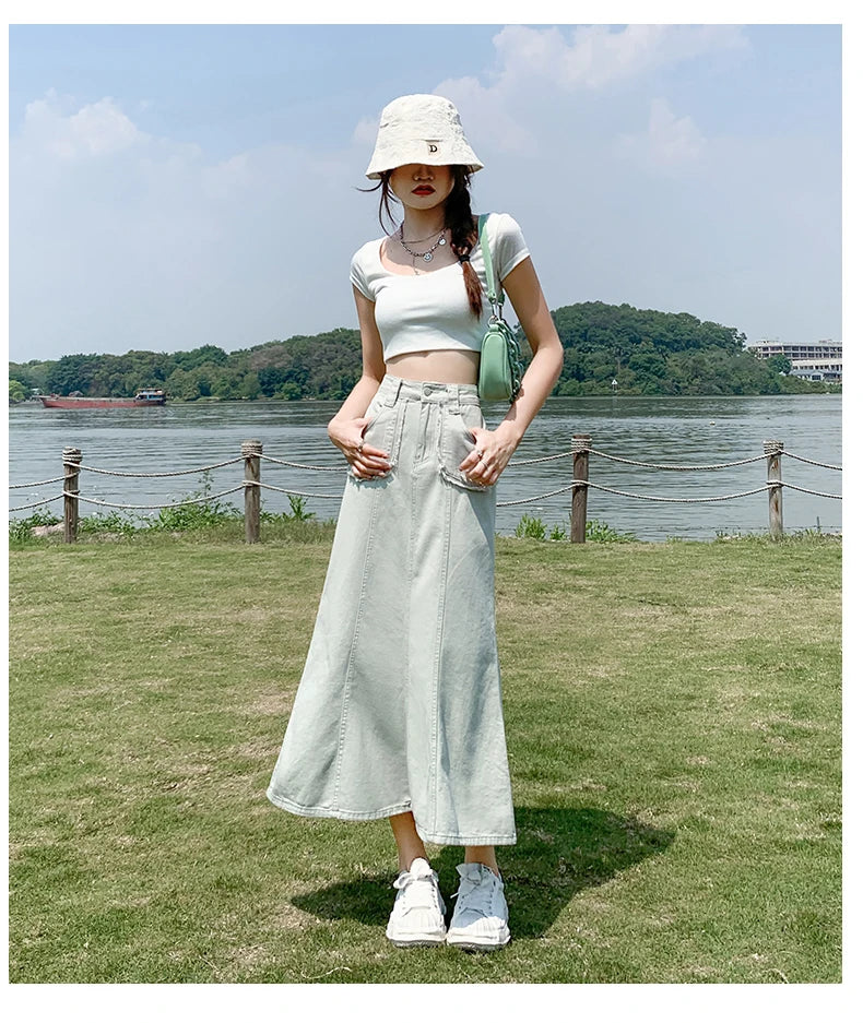 Apricot Denim Skirt Summer Women's 2024 New High Waist Slim Fashion Design Pocket Hip A-line Ankle-length Jean Skirt