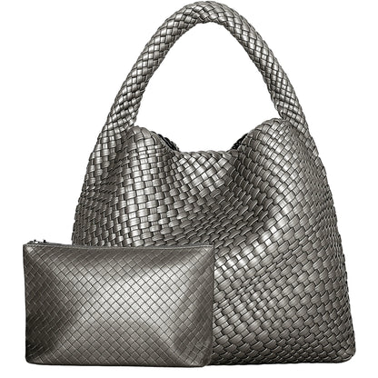 Woven Tote Bag for Women Large Woven Handbag Soft Leather Shoulder Bag Work Shopper Summer Beach Travel Tote Bag with Purse