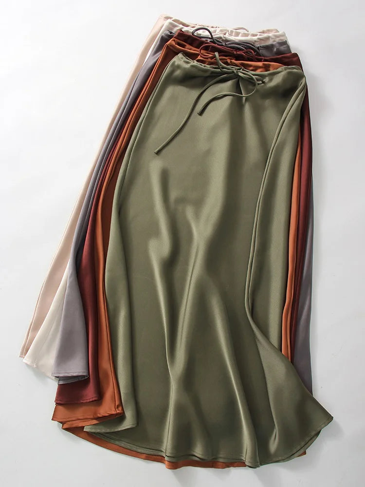 Long Black Satin Skirts Women For Work Summer Autumn Straight Brown Skirt Long Belt Coffee Formal Silk Maxi Skirt For Ladies