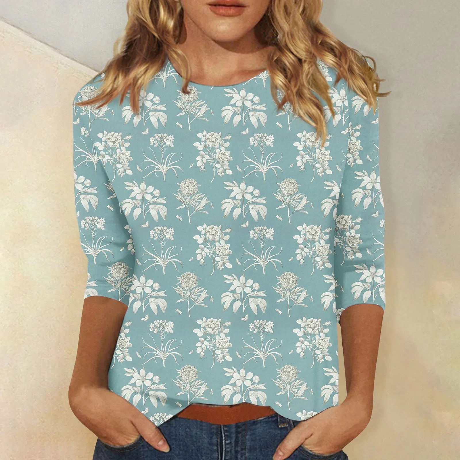 2024 Women Summer Tops Comfortable T Shirt Fashion Flower Print Round Neck 3/4 Sleeve Tops Soft Versatile Pullover Ropa De Mujer