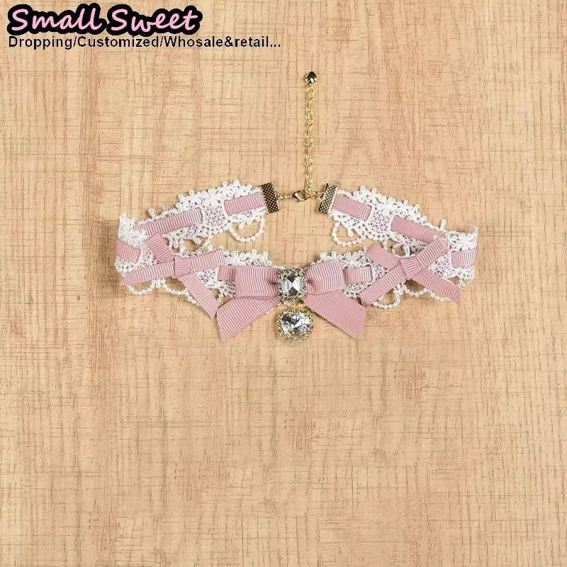 Handmade Choker Necklaces Double Pearl bow love jewelry gemstone sweet Cute Kawaii Collar Lolita Collarbone Chain Cecklace Women