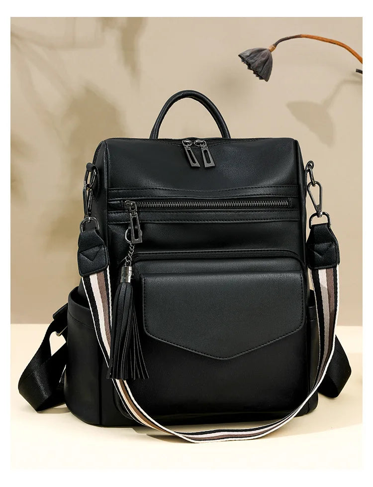 Backpack for Women Large Womens Backpack Leather Travel Fashion Purse Designer Ladies Shoulder Bags with Tassel Two-toned Brown